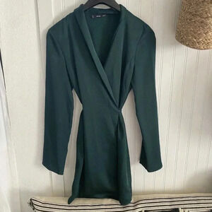 Mango Women’s Green Wrapped Lapel Collar Long Sleeve Party Evening Dress Size 4